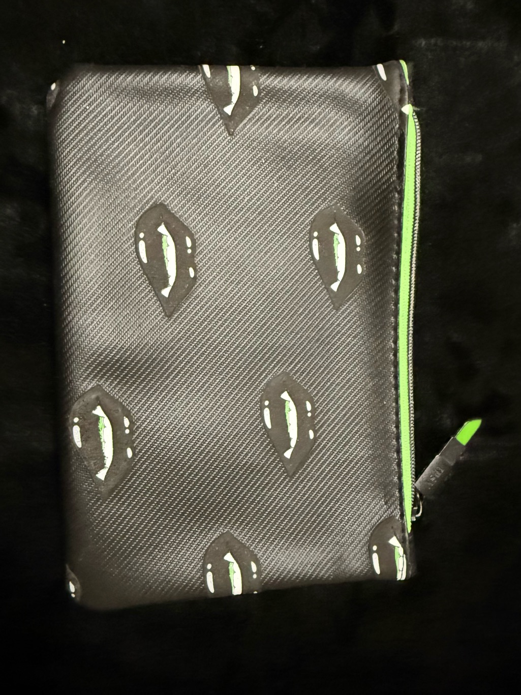 Black  Green Travel Pouch  Lip Print Zip Case